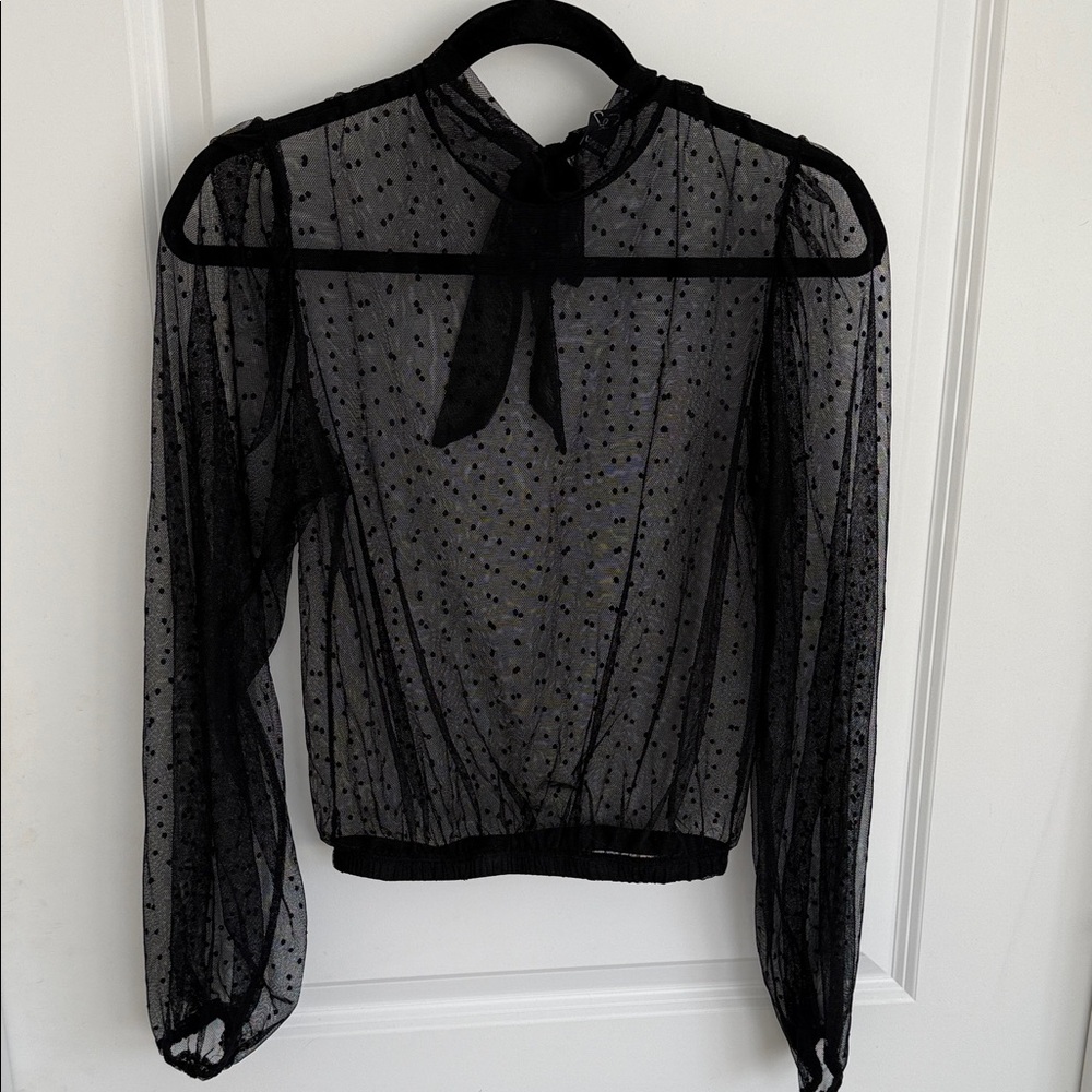 Sheer Black Polka Dot Back Tie-Neck Blouse